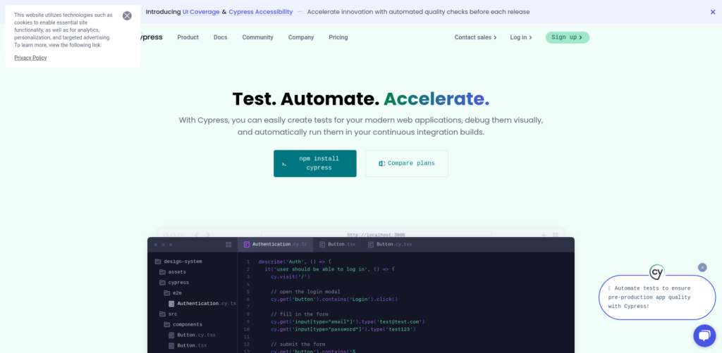 Cypress web testing tool homepage with features description