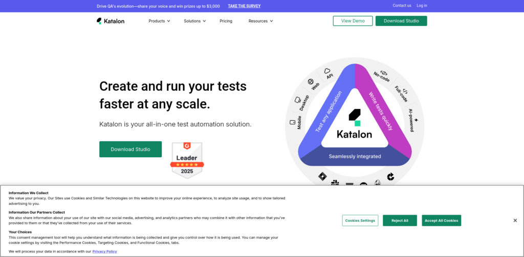 Katalon: Test automation solution, download option available.