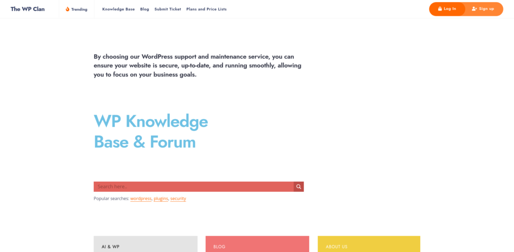 WP support and knowledge base homepage