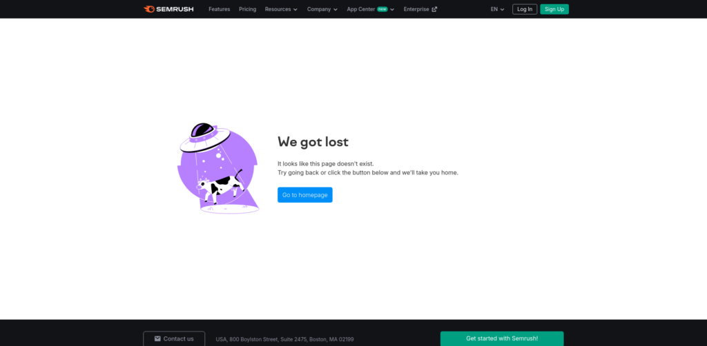 404 error page with cow and UFO illustration.