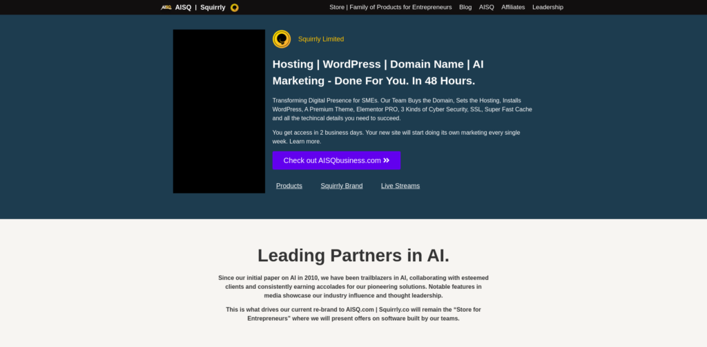 Web hosting and AI marketing services page.