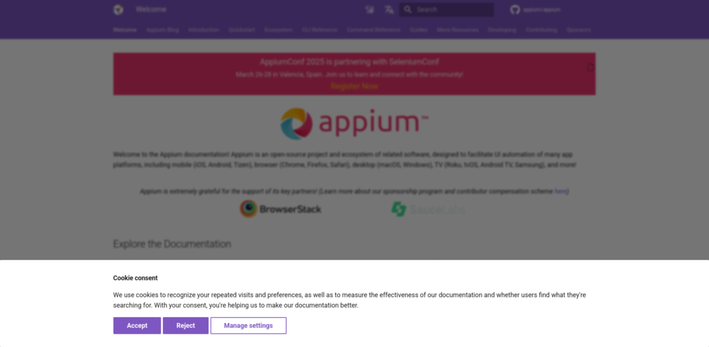 Appium documentation homepage with cookie consent banner.