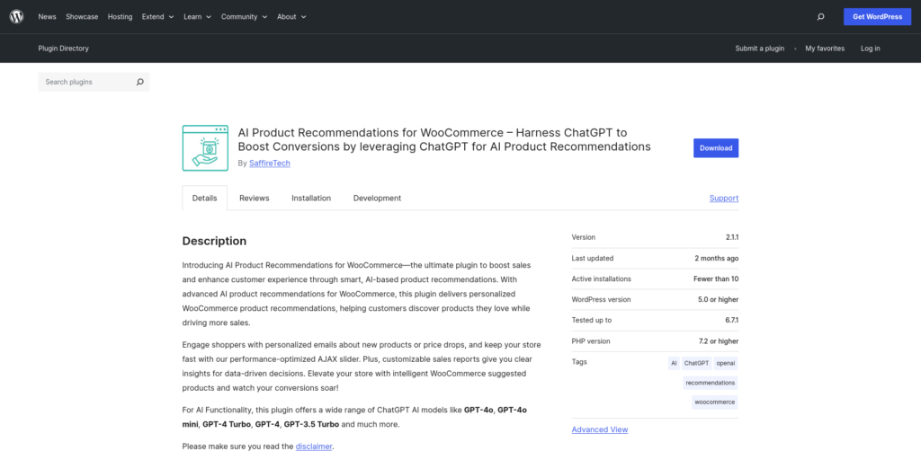 WooCommerce AI product recommendation plugin description page.